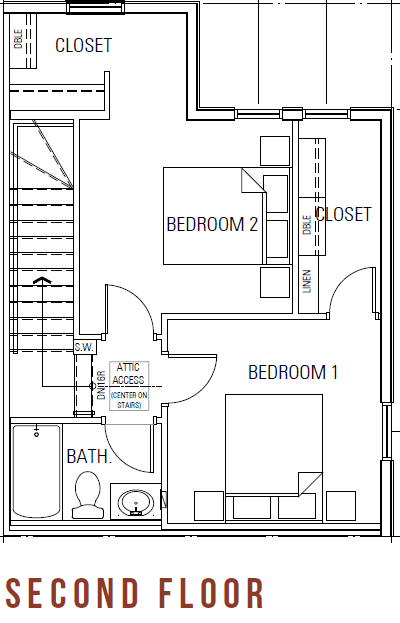 Floor plan for 2 beds, 1.5 baths, 990 sqft